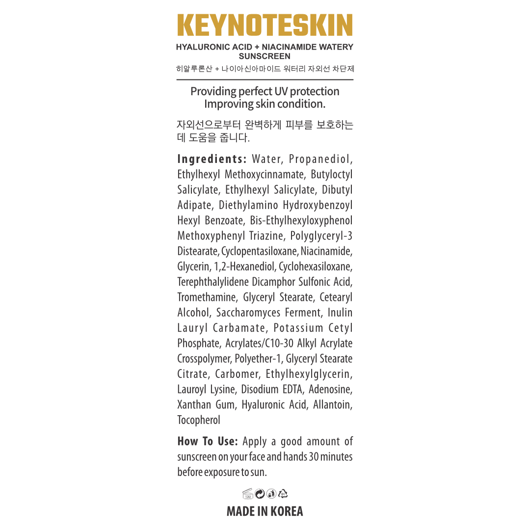 Now Available Hyaluronic acid + Niacinamide Watery Sunscreen KEYNOTESKIN in Italy